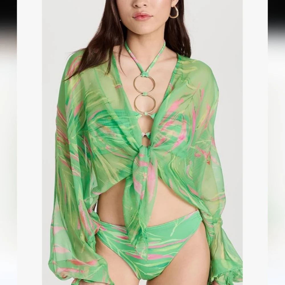 Ramy Brook Green and Pink Sheer Swim Cover Up. G7 - Picture 1 of 9